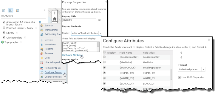 Dialog boxes to configure pop-up properties