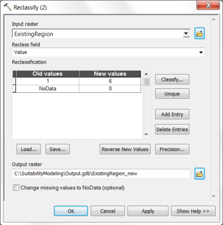 Reclassify tool dialog box with parameters specified