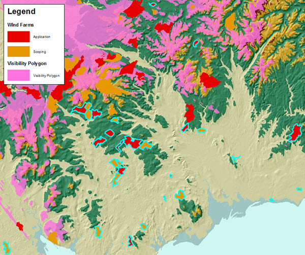 Wind farms that are not visible from wild lands