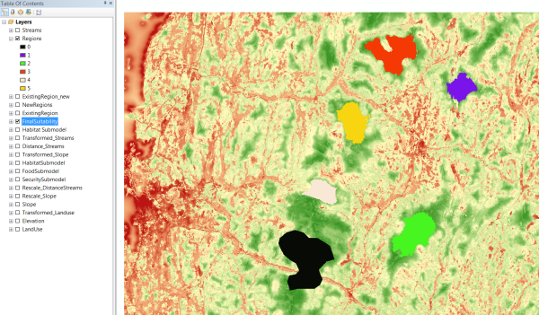 Regions layer displayed over the final suitability surface