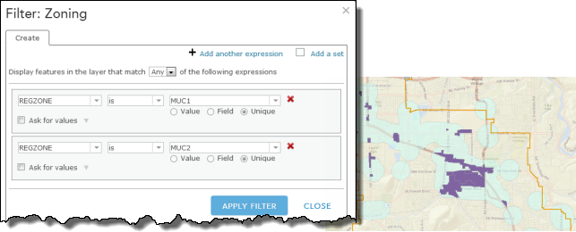 Filter the zoning layer to select the mixed-use zones