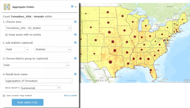 Aggregate Points dialog box with map of tornadoes across the United States