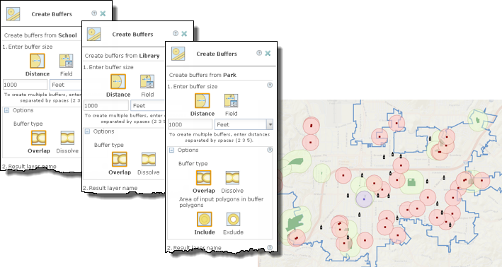 Create Buffers tool with parameters for schools, parks and libraries