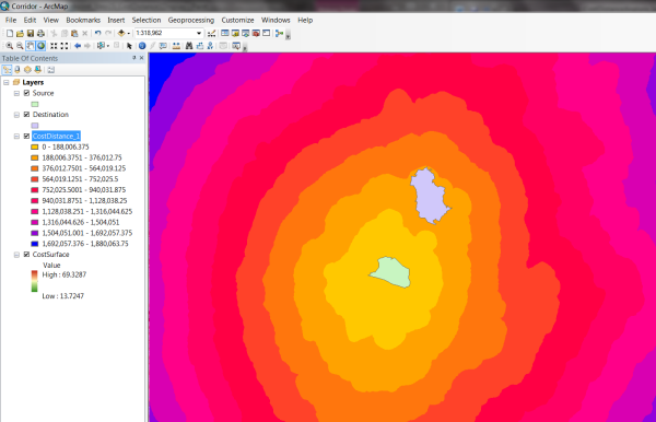 Source and Destination displayed over the cost distance from the Source