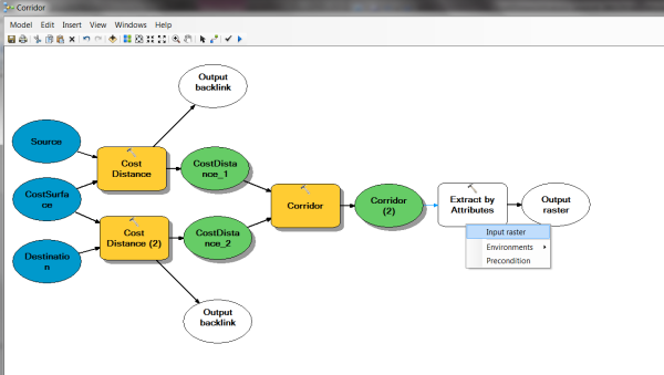 Connecting the output layer from Corridor to the Extract by Attributes tool and entering it as the Input raster