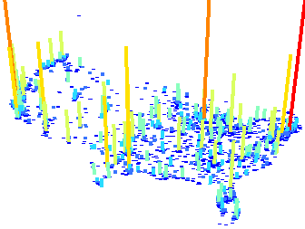Точки городов, вытянутые в соответствии с численностью населения в ArcScene.