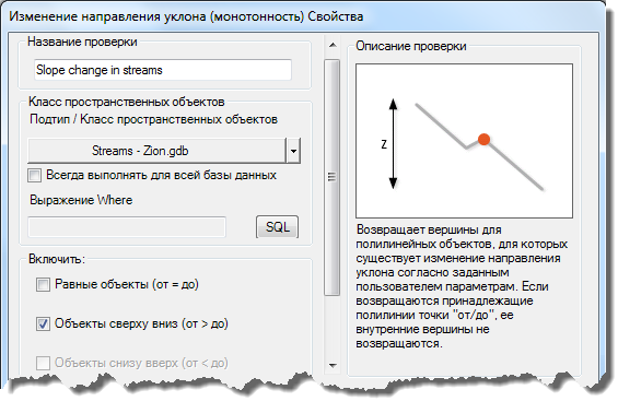 Диалоговое окно Свойства проверки изменения направления уклона (монотонности) (Slope Direction Change (Monotonicity) Check Properties)