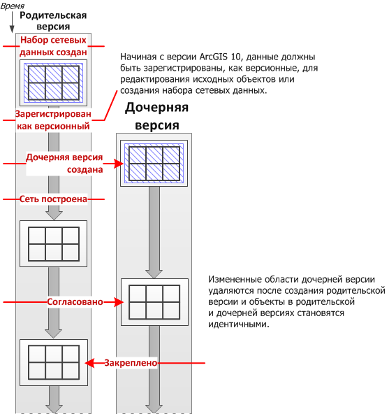 Рабочий процесс версионного редактирования, в котором и родительская, и дочерняя версии набора сетевых данных содержат измененные области, при этом выполняется построение родительской версии.