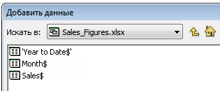 Листы Excel в книге Sales_Figures в диалоговом окне ArcMap Добавить данные (Add Data)