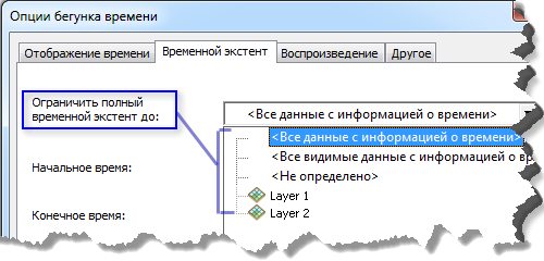 Опции кнопки Полный временной экстент (Full Time Extent)