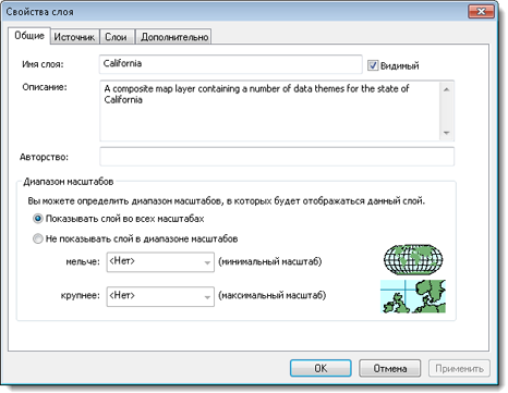 Диалоговое окно Свойства слоя (Layer Properties) для картографического сервиса ArcGIS