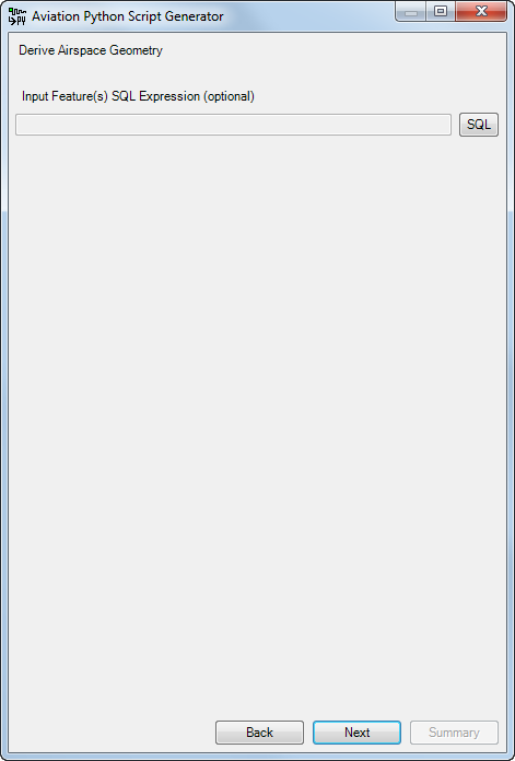 Aviation Python Script Generator wizard with the Derive Airspace Geometry section