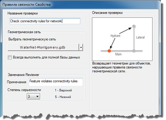 Диалоговое окно свойств проверки правил связности