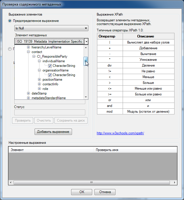 Диалоговое окно Проверка содержания метаданных (Metadata Content Validation) с деревом Элемент метаданных (Metadata Element)