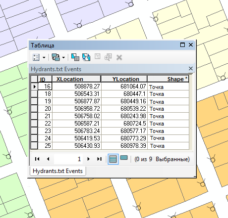 Координаты x,y, отображенные в ArcMap и окне таблицы