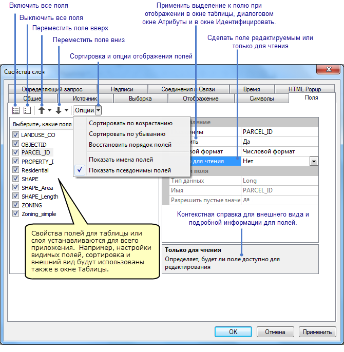 Использование вкладки Поля (Fields) в ArcGIS