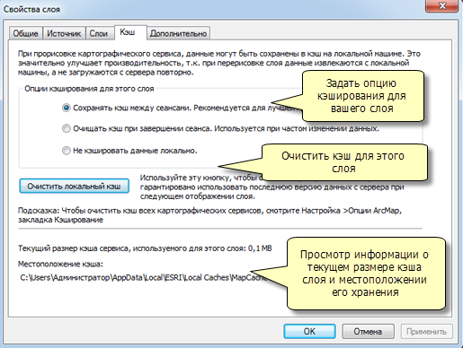 Закладка Кэш (Cache) для управления кэшем отображения слоя