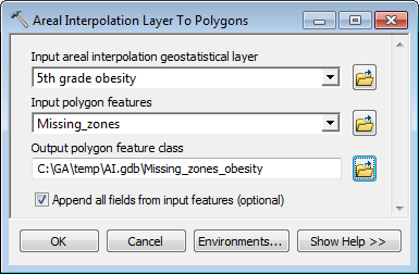 Диалоговое окно инструмента Слой пространственной интерполяции в полигоны (Areal Interpolation Layer To Polygons)