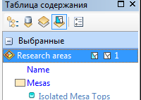 Текущий выбранный объект в слое Research areas.