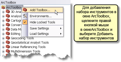 Добавление набора инструментов в окно ArcToolbox