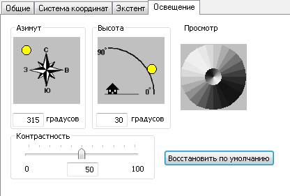 Настройка правил освещения в ArcScene с помощью выбора положения источника света и контраста.