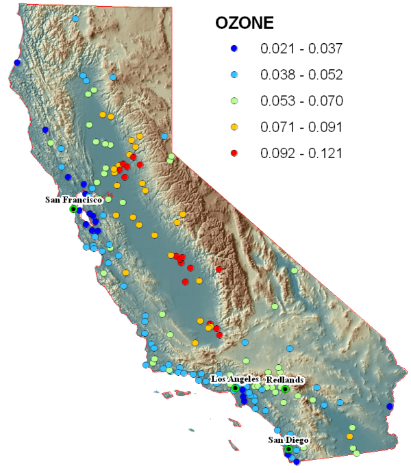Содержание озона измеряется на мониторинговых станциях, расположенных по всему штату.