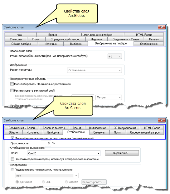 Диалоговые окна свойств слоя в ArcGlobe и ArcScene