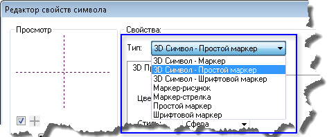Ниспадающий список Типа символа в диалоговом окне Редактор свойств символа.