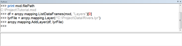 Снимок экрана результатов выполнения функции AddLayer в окне Python