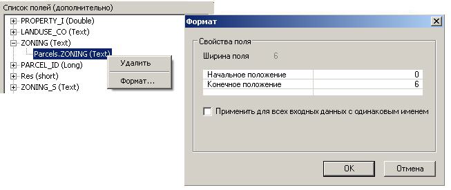 Контекстное меню Входное поле и диалоговое окно Формат