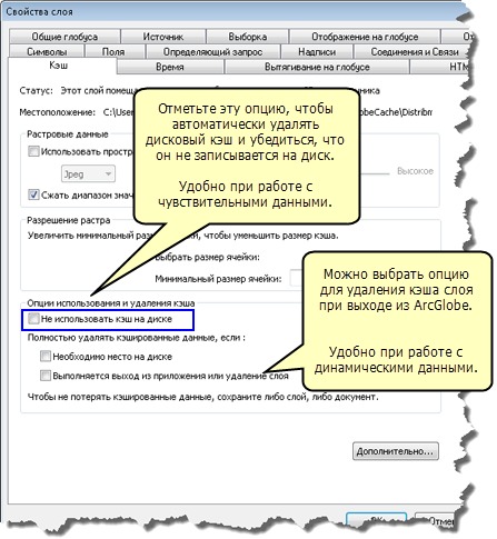 Параметры удаления кэша для слоев ArcGlobe.