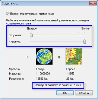 The Generate Cache window in ArcGlobe. Бегунками задано полное кэширование слоя.