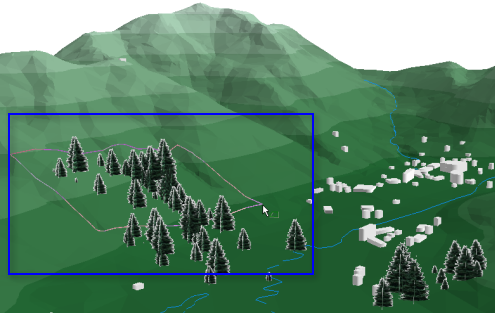 Выборка объектов в ArcScene конвертом драпировки, обозначенным синим прямоугольником