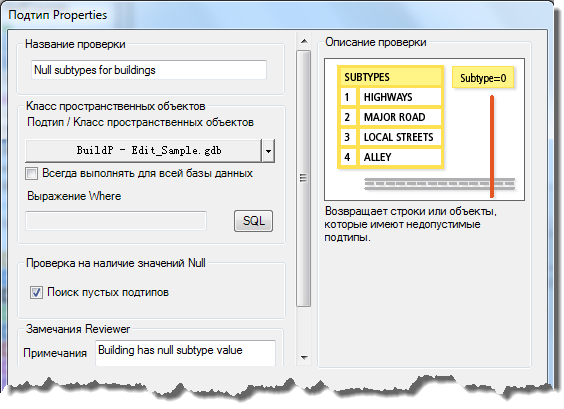 Диалоговое окно Свойства проверки подтипа (Subtype Check Properties)