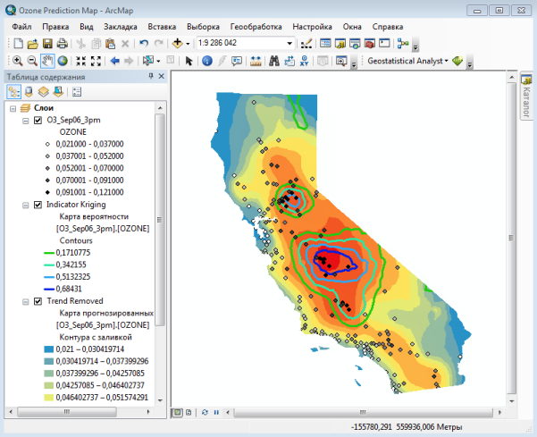 Карта концентрации озона и изолинии вероятностей