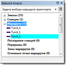 Три объекта маршрута в окне Network Analyst