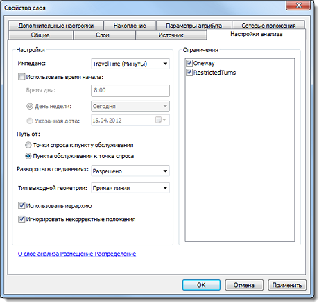 Настройки анализа для слоя анализа размещения-распределения