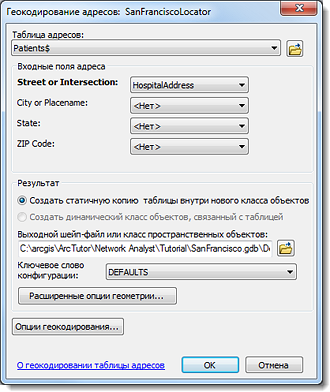 Диалоговое окно Геокодирование адресов: SanFranciscoLocator для больниц