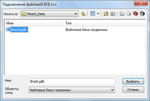 Выбор файловой базы геоданных ESRI
