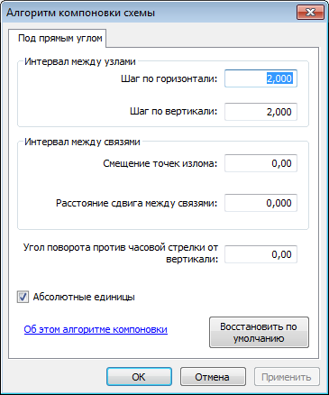 Диалоговое окно Алгоритм компоновки схемы (Schematic Layout Algorithm) с вкладкой свойств Под прямым углом (Orthogonal)