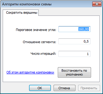 Диалоговое окно алгоритма компоновки схемы со вкладкой свойств алгоритма Сократить вершины (Reduce Vertices)
