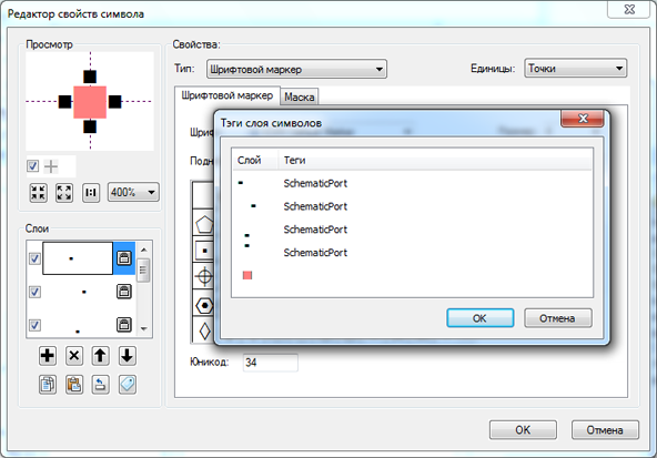 Диалоговые окна Редактор свойств символов (Symbol Property Editor) и Теги слоя символов (Symbol Layer Tags) — окончательное содержание, пример