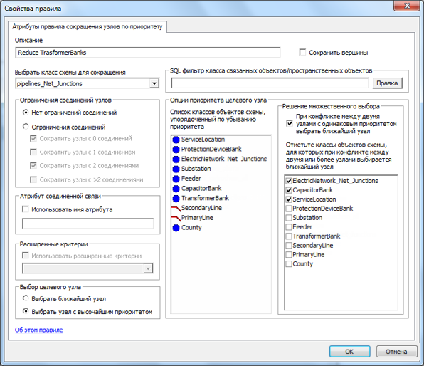 Страница свойств правила Сокращение узлов по приоритету (Node Reduction By Priority), устанавливаемых для сокращения TransformerBanks