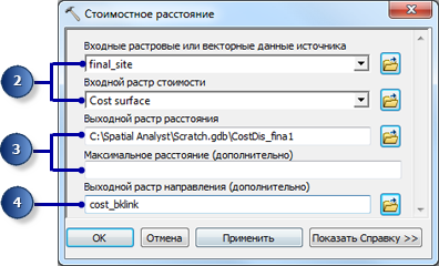 Параметры для инструмента Стоимостное расстояние