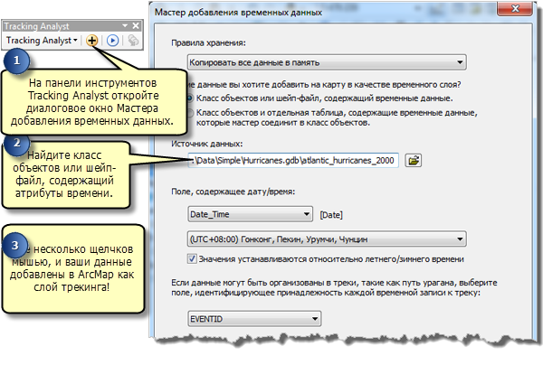 Мастер добавления временных данных позволяет легко добавить временные данные в виде слоя трекинга
