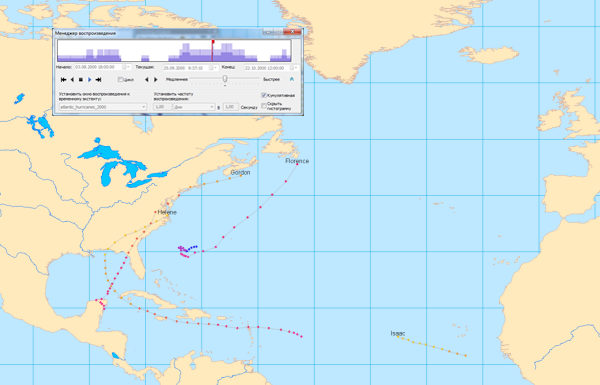 Воспроизведение данных об ураганах на карте