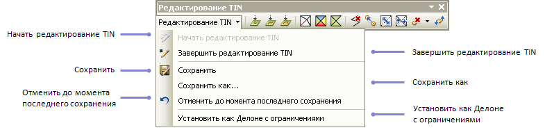 Инструменты раскрывающегося меню панели Редактирование TIN (TIN Editing) Инструменты раскрывающегося меню панели Редактирование TIN (TIN Editing)