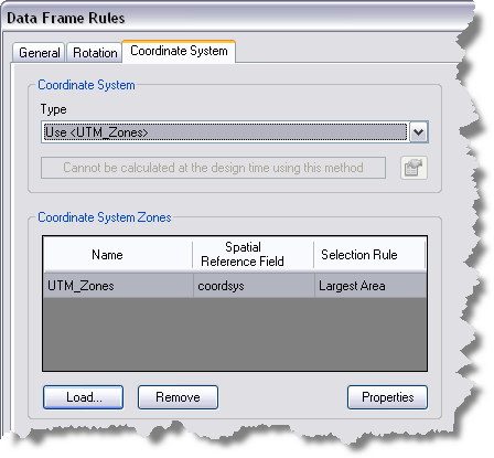 The Data Frame Rules dialog box with a coordinate system zone feature class defined The Data Frame Rules dialog box with a coordinate system zone feature class defined