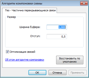 Диалоговое окно Алгоритм компоновки схемы (Schematic Layout Algorithm) с закладкой свойств Гео — Частично перекрывающиеся связи Диалоговое окно Алгоритм компоновки схемы (Schematic Layout Algorithm) с закладкой свойств Гео — Частично перекрывающиеся связи