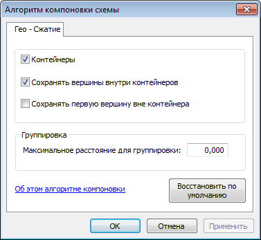 Диалоговое окно Алгоритм компоновки схемы (Schematic Layout Algorithm) с вкладкой свойств Гео — Сжатие (Geo - Compression) Диалоговое окно Алгоритм компоновки схемы (Schematic Layout Algorithm) с вкладкой свойств Гео — Сжатие (Geo - Compression)